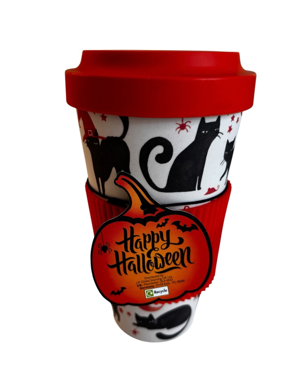 Halloween Themed Travel Mug with Black Cats wearing witch hats, mice, & bats!